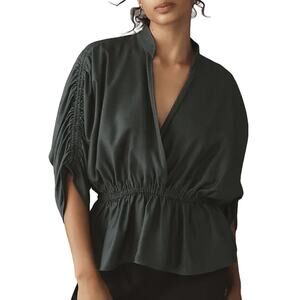 Anthropologie Maeve Short Sleeve Large Ruched Peplum Blouse Deep Green